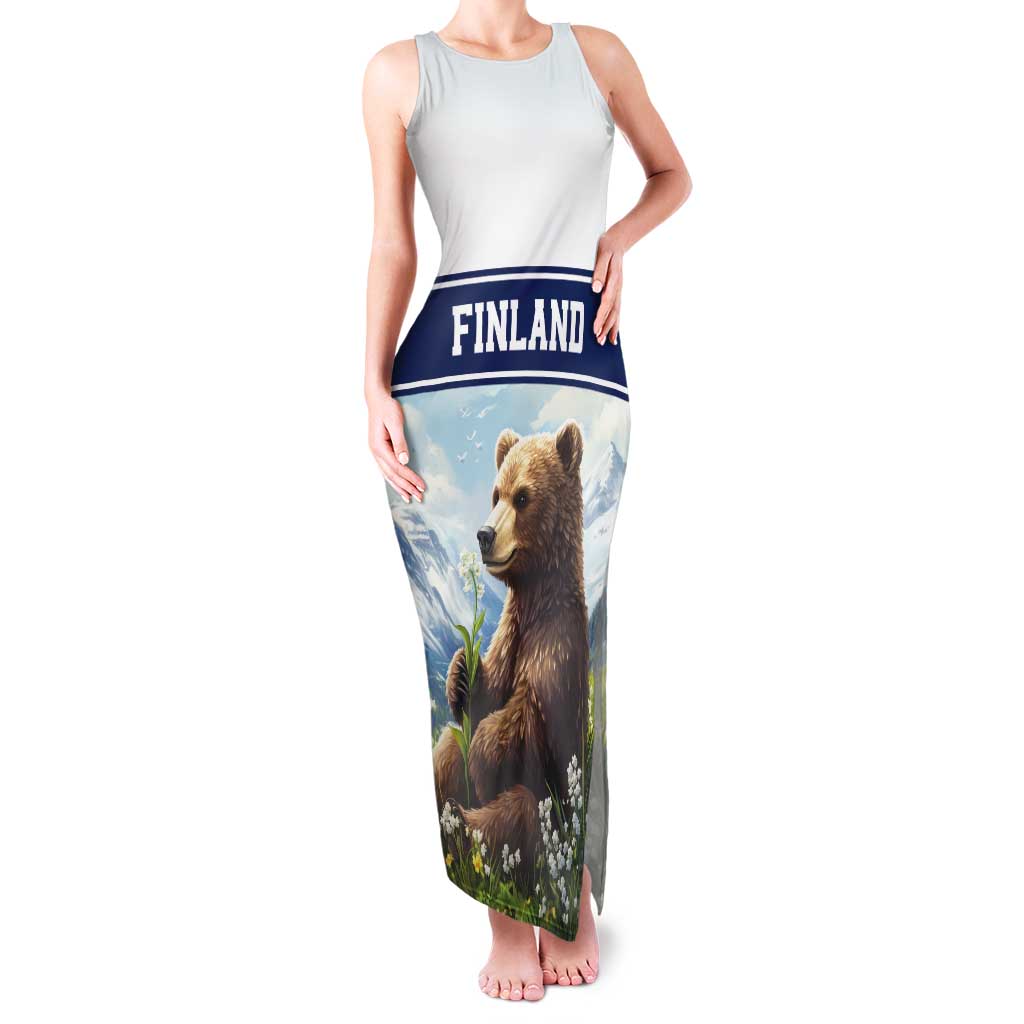 Personalized Finland Tank Maxi Dress Brown Bear With Lily Of The Valley - Wonder Print Shop