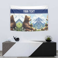Personalized bear and mountain tapestry with blue 'YOUR TEXT' header and bears.