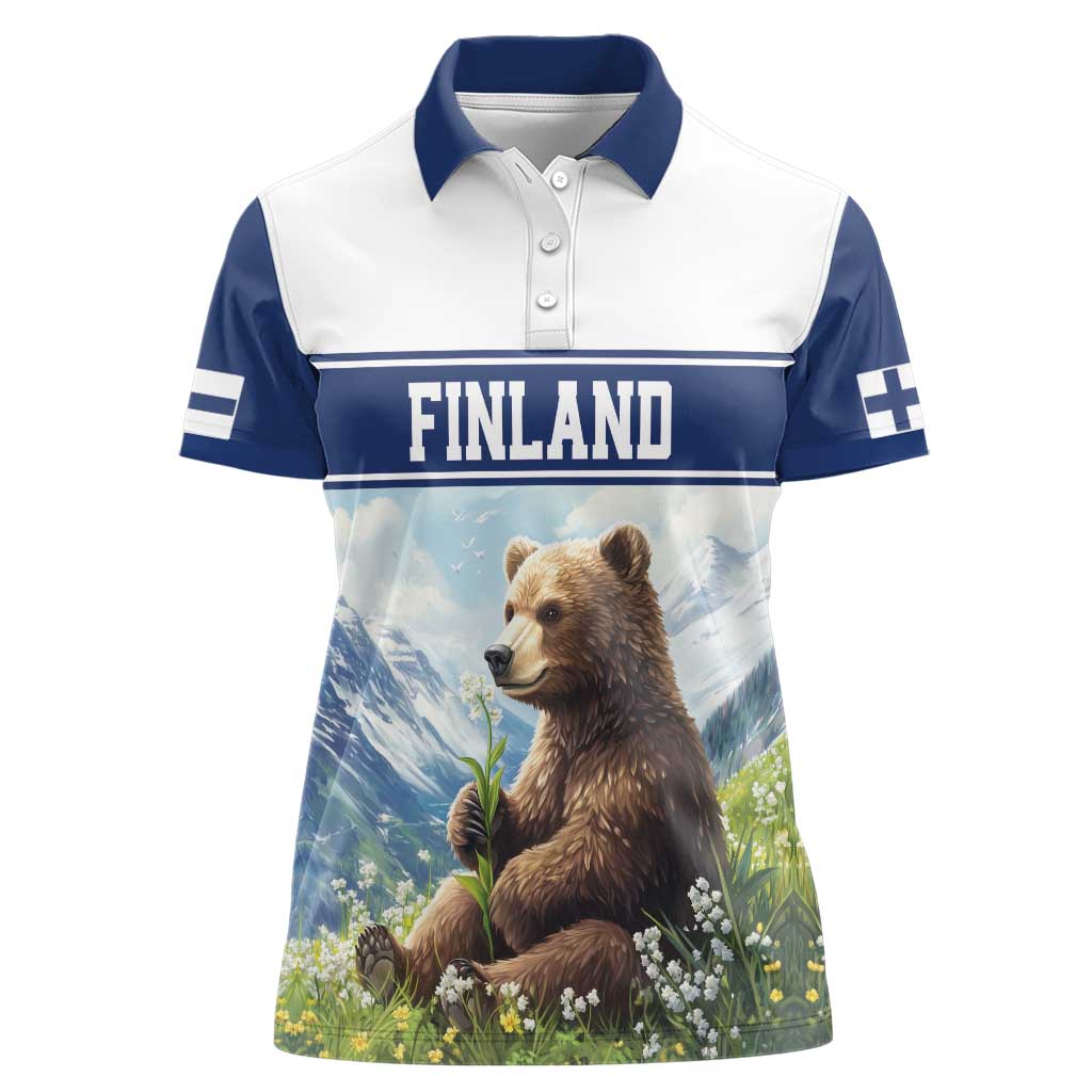 Personalized Finland Women Polo Shirt Brown Bear With Lily Of The Valley - Wonder Print Shop