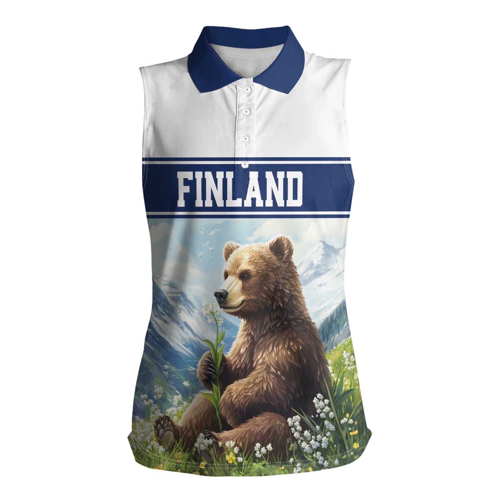 Personalized Finland Women Sleeveless Polo Shirt Brown Bear With Lily Of The Valley - Wonder Print Shop