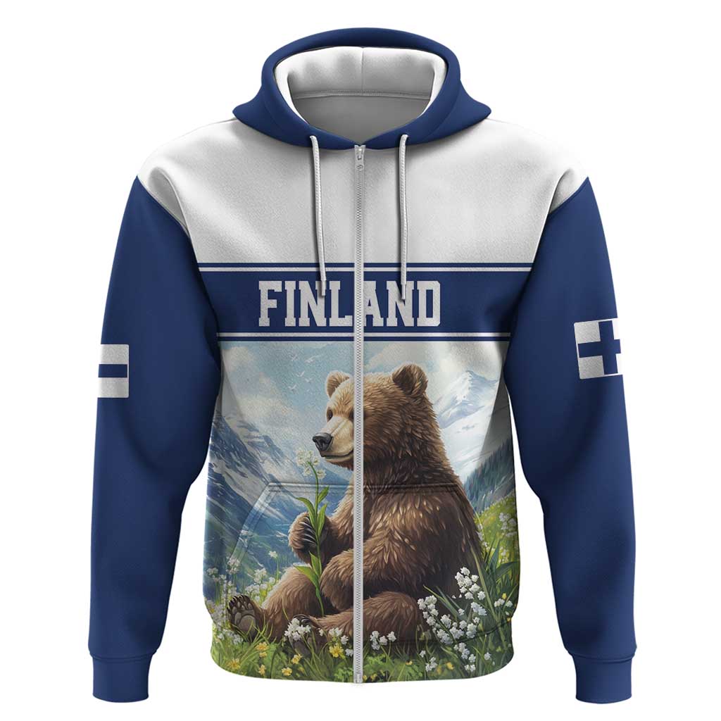 Personalized Finland Zip Hoodie Brown Bear With Lily Of The Valley - Wonder Print Shop