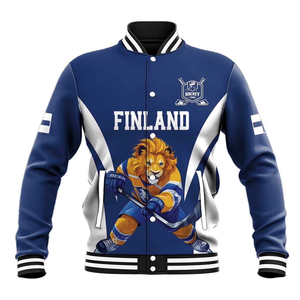 Blue varsity baseball jacket with white diagonal stripes, snap buttons, lion mascot and Finland print