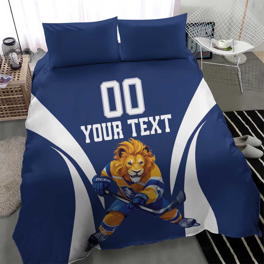 Blue hockey bedding set with lion player graphic, “YOUR TEXT,” and “00”