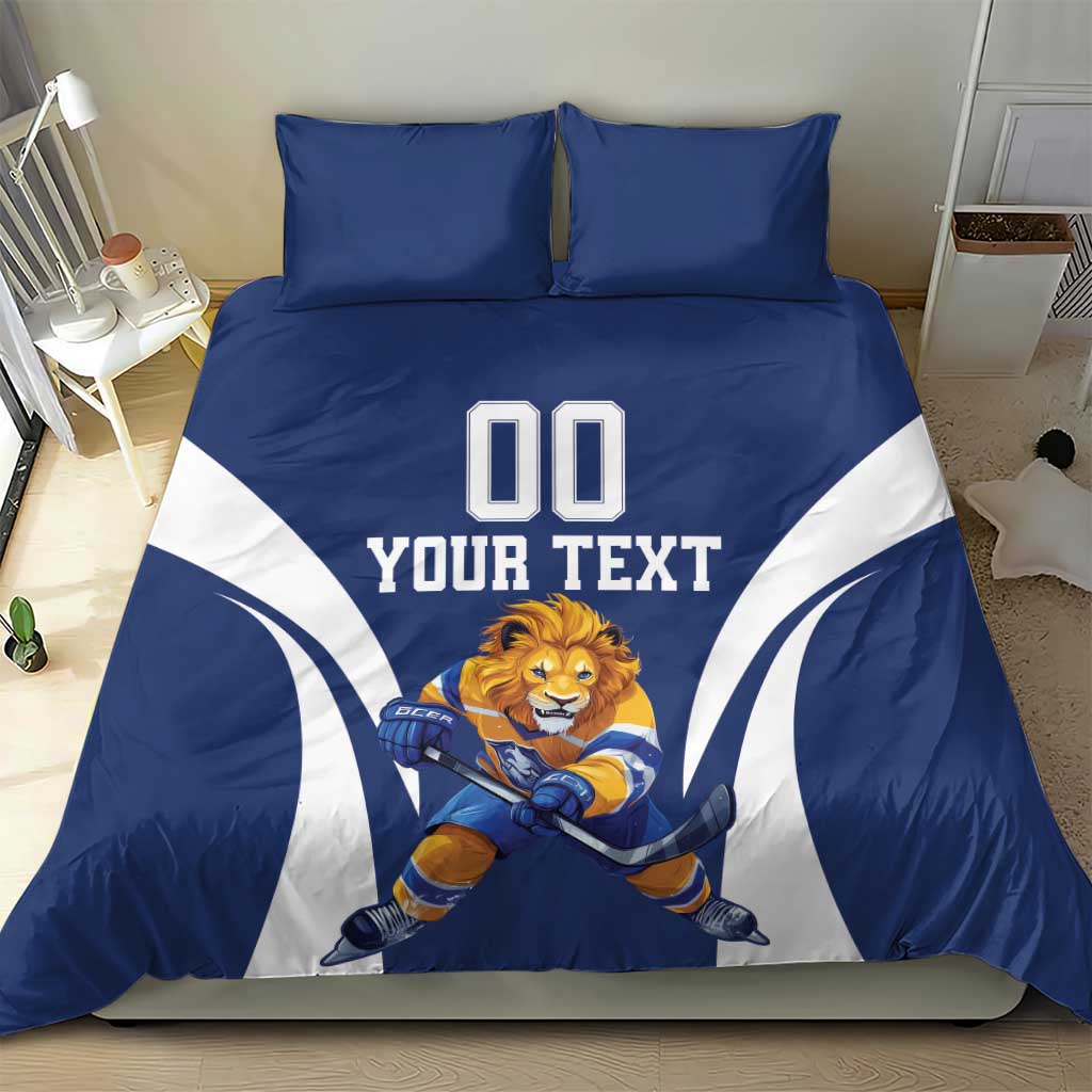 Blue and white hockey bedding set with lion goalie, “YOUR TEXT,” and “00”