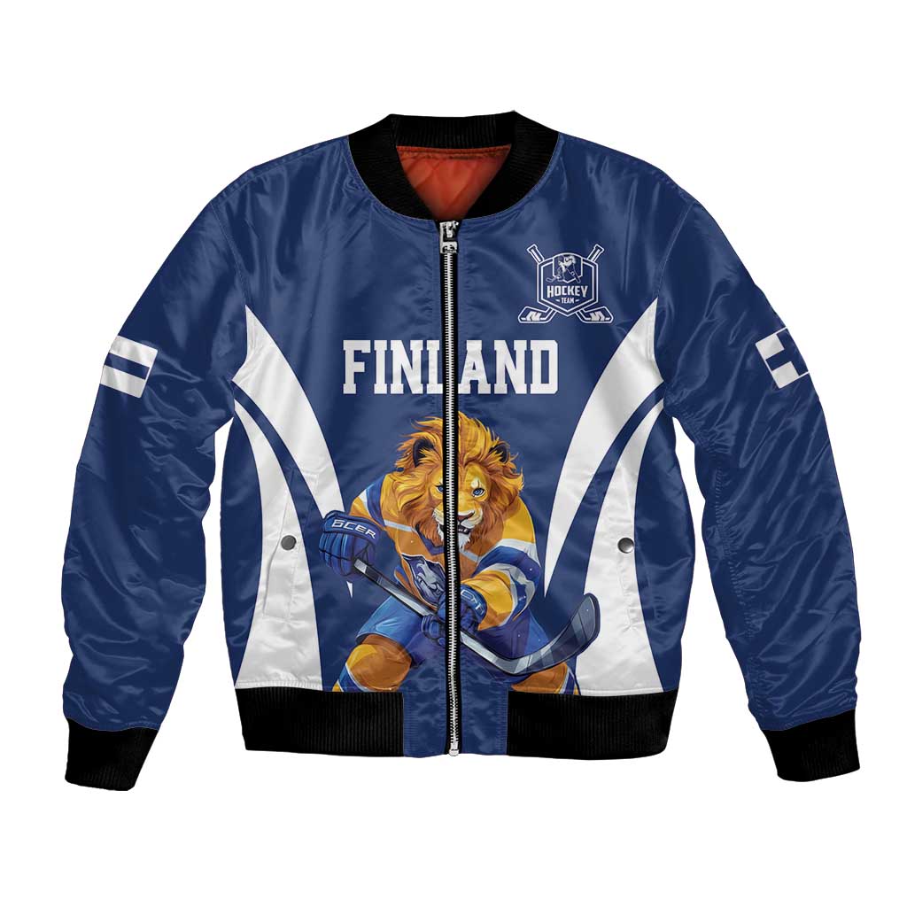 Blue satin bomber jacket with front zipper, Finland graphic and hockey emblem, ribbed cuffs