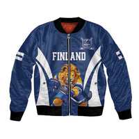 Blue satin bomber jacket with front zipper, Finland graphic and hockey emblem, ribbed cuffs