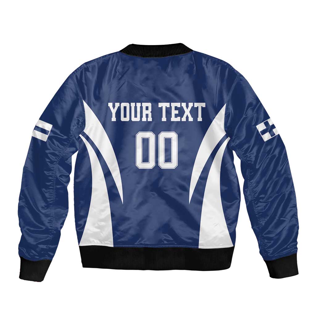 Blue satin bomber jacket back with ribbed collar, striped design, YOUR TEXT and 00, ribbed hem