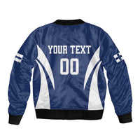 Blue satin bomber jacket back with ribbed collar, striped design, YOUR TEXT and 00, ribbed hem