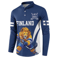 Blue hockey button-up sweatshirt with lion mascot, Finland text, and sleeve flag print