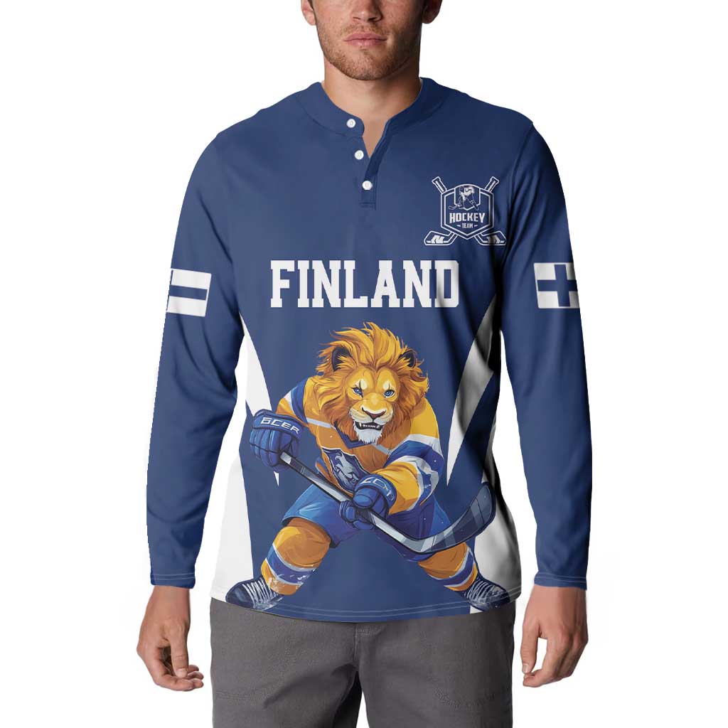 Blue hockey button-up sweatshirt on model with lion mascot, Finland text, and logo