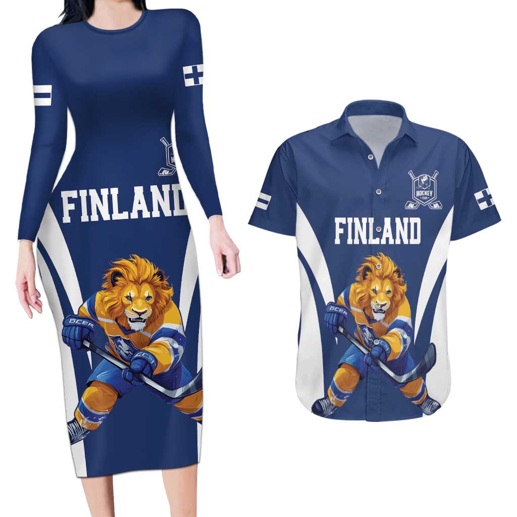 Custom Finland Hockey Couples Matching Long Sleeve Bodycon Dress and Hawaiian Shirt Suomi Leijonat Mascot - Wonder Print Shop