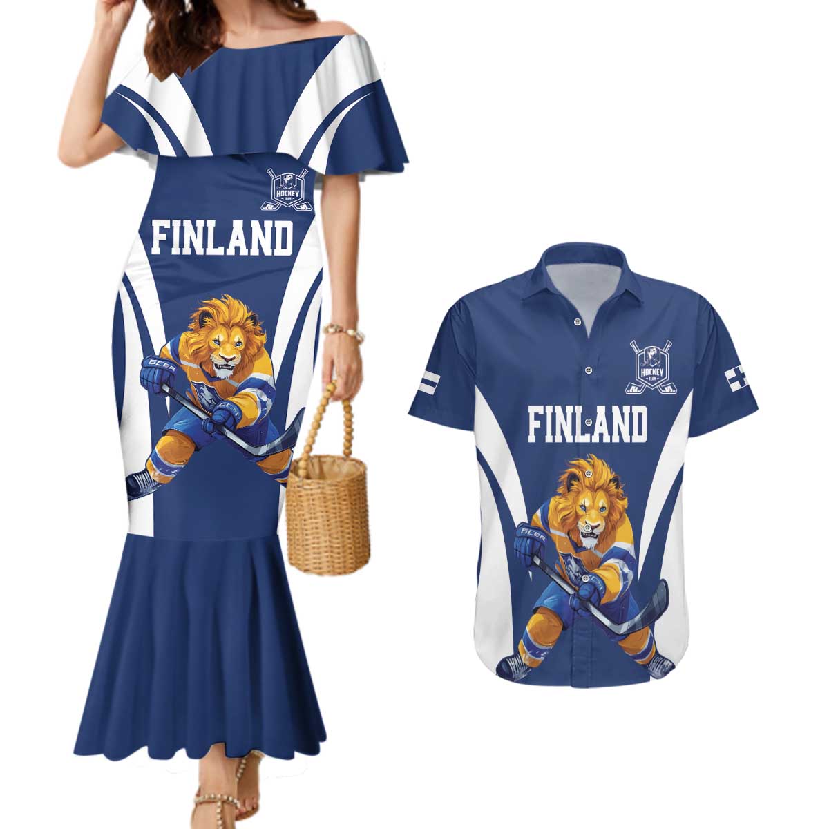 Custom Finland Hockey Couples Matching Mermaid Dress and Hawaiian Shirt Suomi Leijonat Mascot - Wonder Print Shop