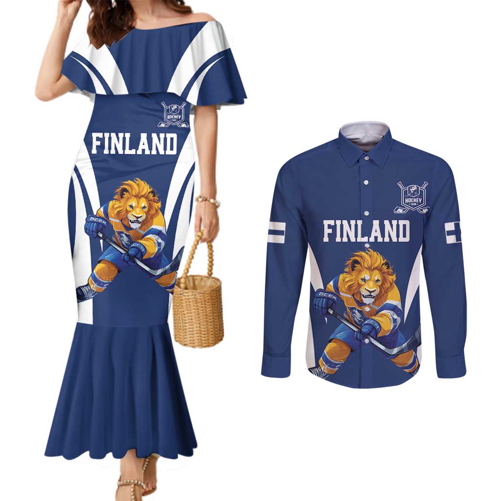 Custom Finland Hockey Couples Matching Mermaid Dress and Long Sleeve Button Shirt Suomi Leijonat Mascot