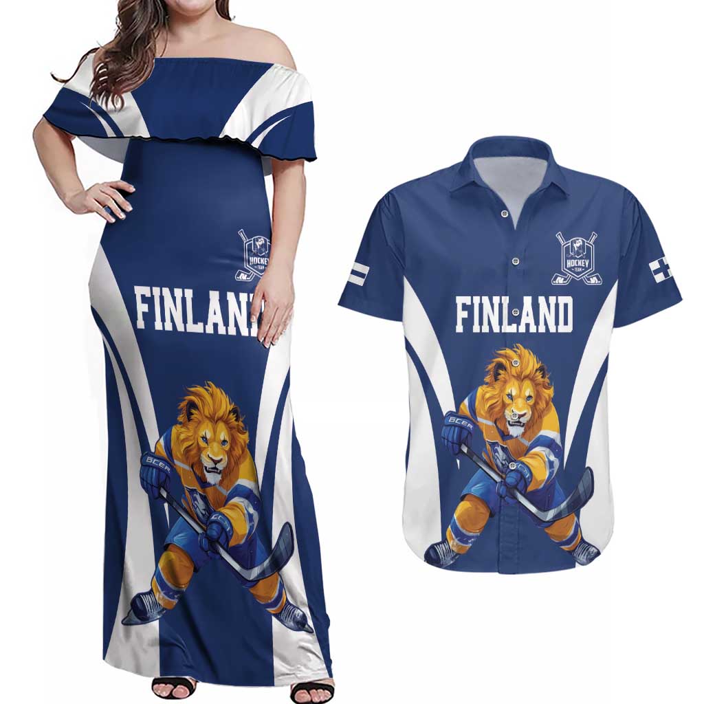 Custom Finland Hockey Couples Matching Off Shoulder Maxi Dress and Hawaiian Shirt Suomi Leijonat Mascot - Wonder Print Shop