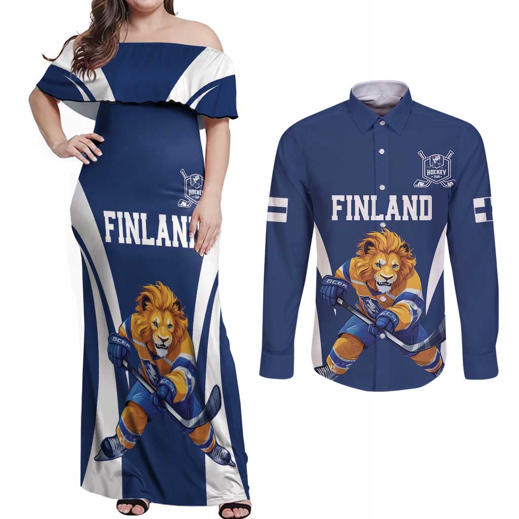 Custom Finland Hockey Couples Matching Off Shoulder Maxi Dress and Long Sleeve Button Shirt Suomi Leijonat Mascot - Wonder Print Shop