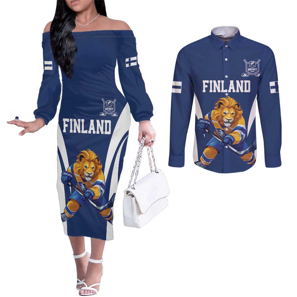 Custom Finland Hockey Couples Matching Off The Shoulder Long Sleeve Dress and Long Sleeve Button Shirt Suomi Leijonat Mascot