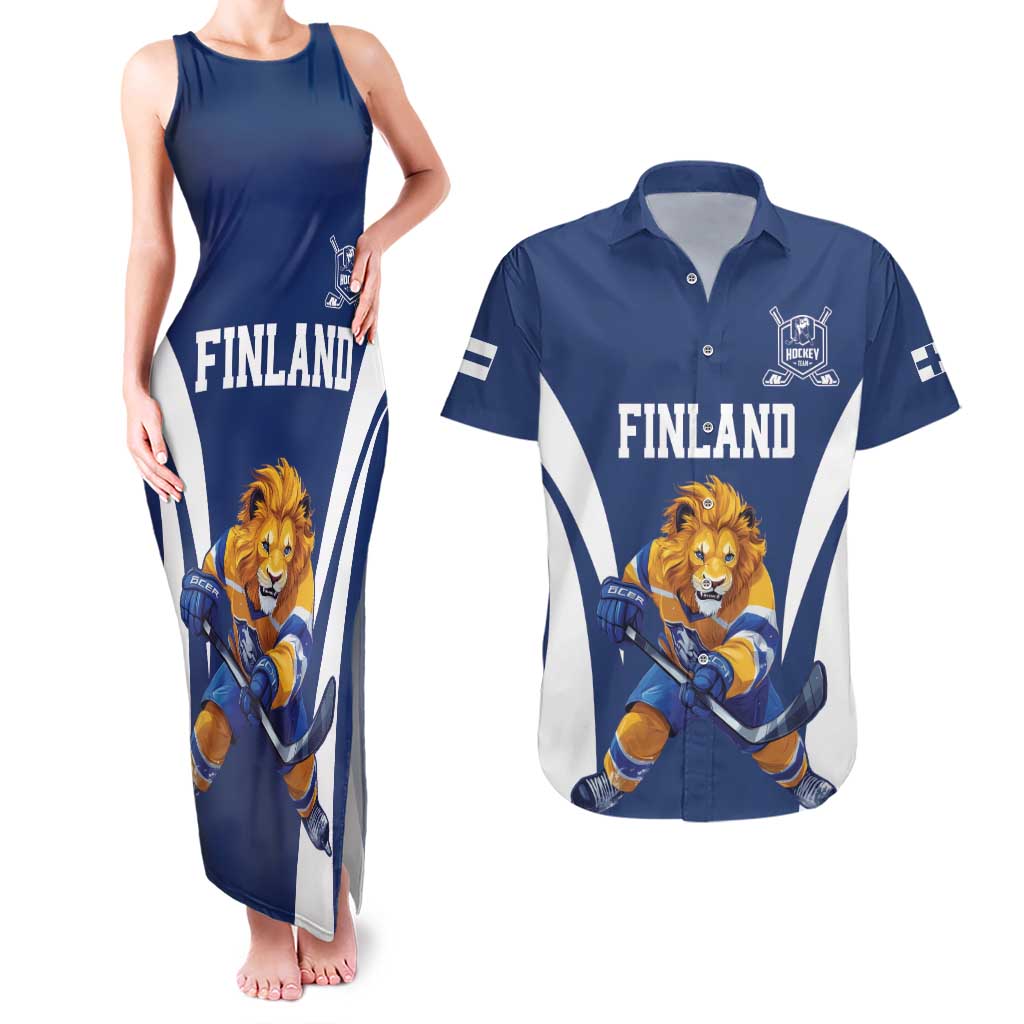 Custom Finland Hockey Couples Matching Tank Maxi Dress and Hawaiian Shirt Suomi Leijonat Mascot - Wonder Print Shop