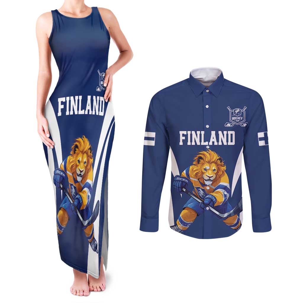 Custom Finland Hockey Couples Matching Tank Maxi Dress and Long Sleeve Button Shirt Suomi Leijonat Mascot - Wonder Print Shop