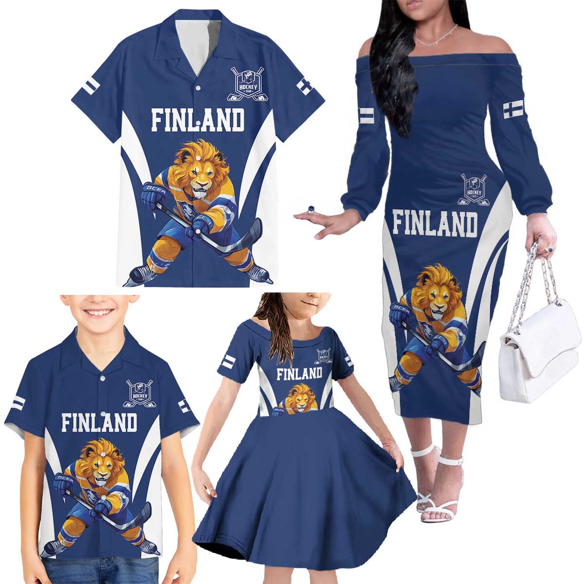 Custom Finland Hockey Family Matching Off The Shoulder Long Sleeve Dress and Hawaiian Shirt Suomi Leijonat Mascot - Wonder Print Shop