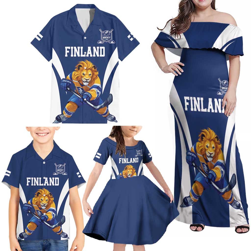 Custom Finland Hockey Family Matching Off Shoulder Maxi Dress and Hawaiian Shirt Suomi Leijonat Mascot - Wonder Print Shop