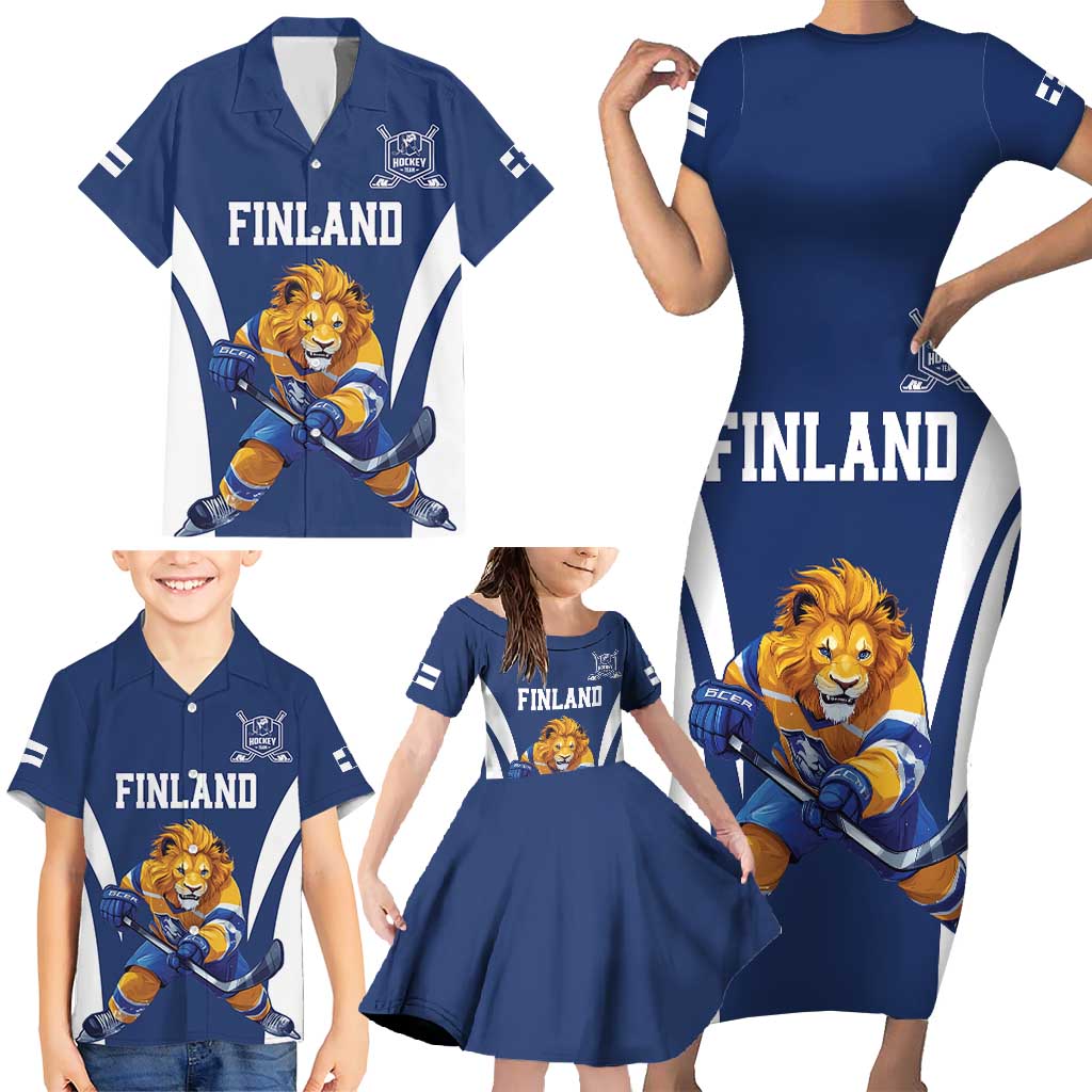 Custom Finland Hockey Family Matching Short Sleeve Bodycon Dress and Hawaiian Shirt Suomi Leijonat Mascot - Wonder Print Shop