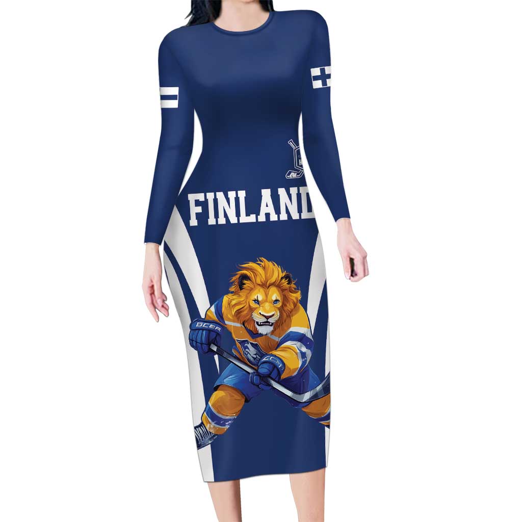 Custom Finland Hockey Long Sleeve Bodycon Dress Suomi Leijonat Mascot - Wonder Print Shop