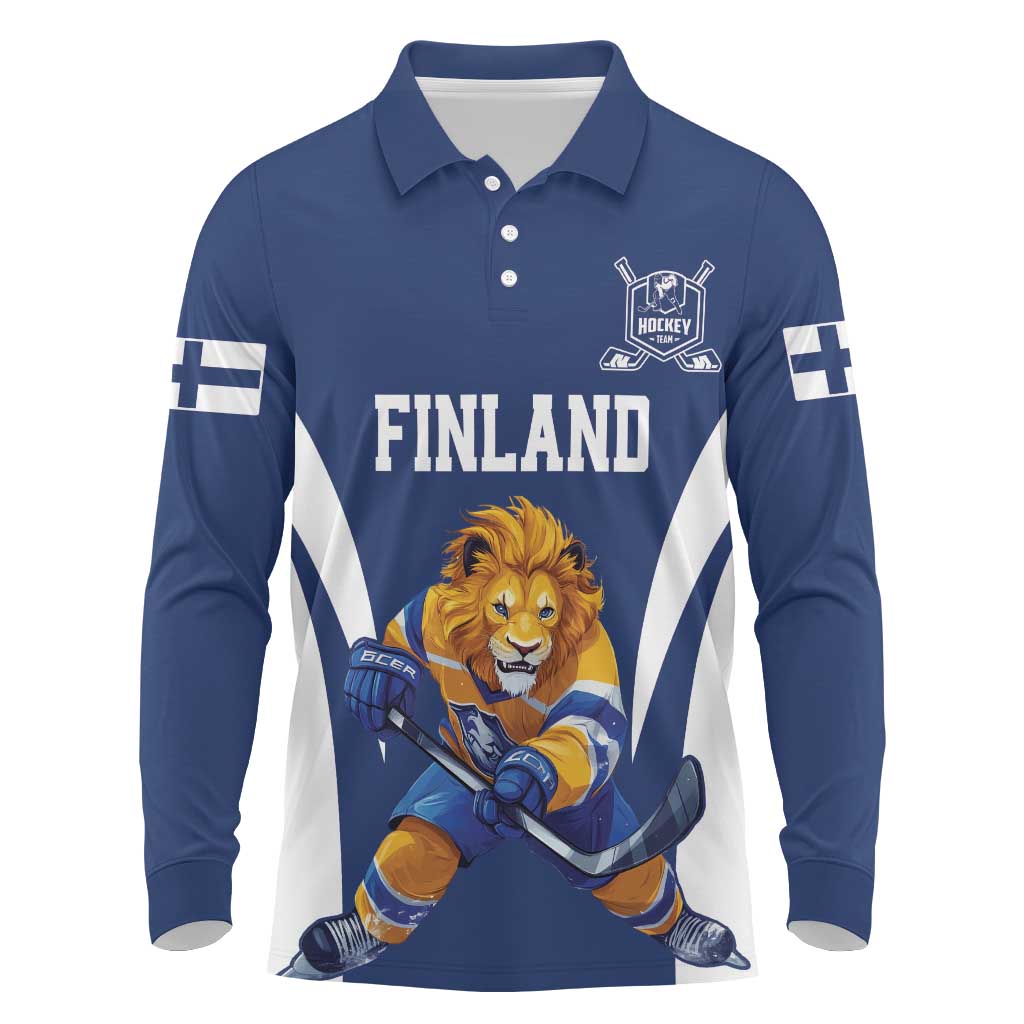 Custom Finland Hockey Long Sleeve Polo Shirt Suomi Leijonat Mascot - Wonder Print Shop