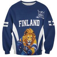 Unisex blue hockey sweatshirt with Finland print, lion mascot, white sleeve stripes
