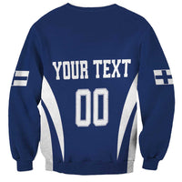 Unisex blue hockey sweatshirt back with 'YOUR TEXT' and 00 print, white side stripes