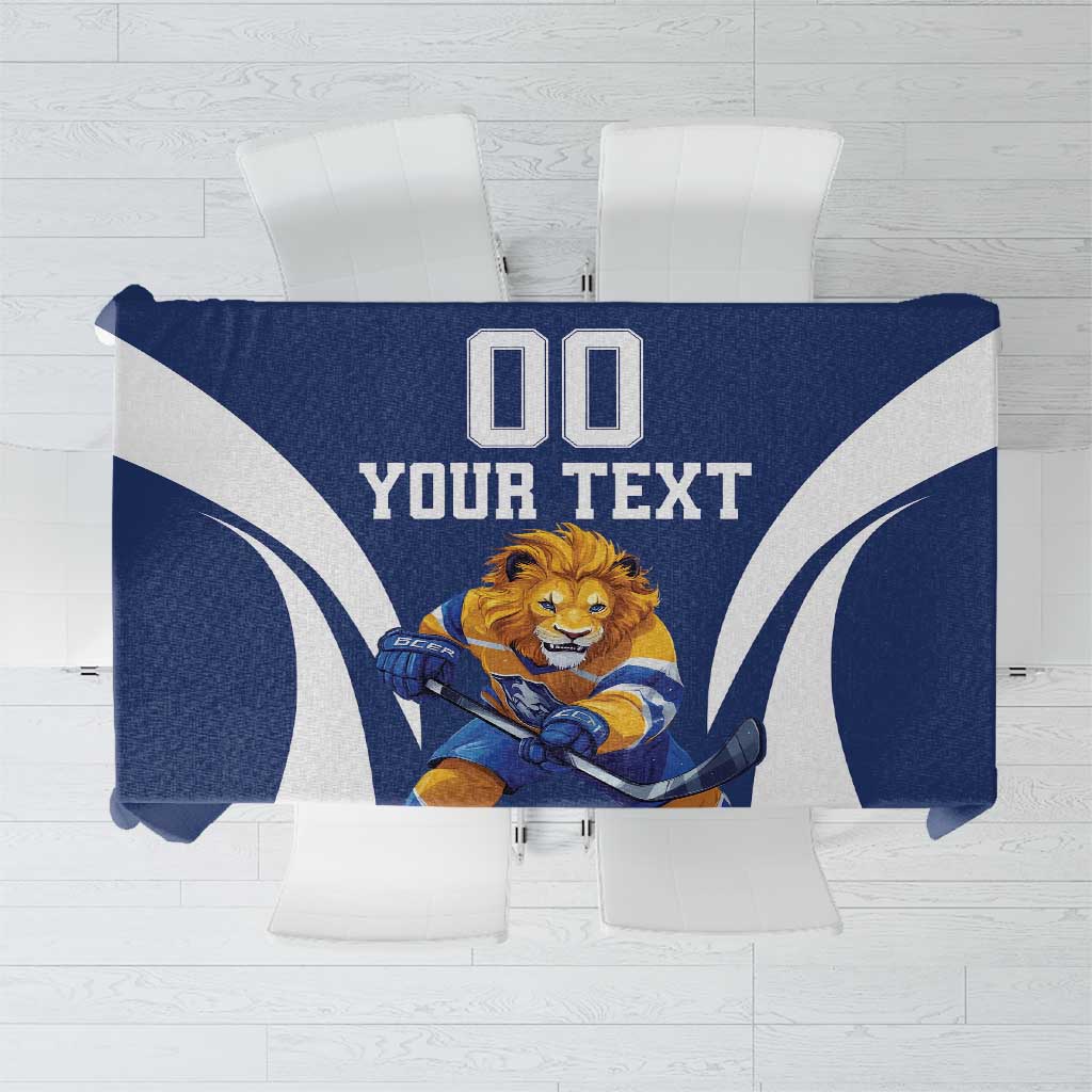 Blue hockey tablecloth with lion mascot and bold “YOUR TEXT” design on white panel