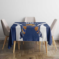 Blue hockey tablecloth with centered hockey graphic and partial “YOUR TEXT” lettering