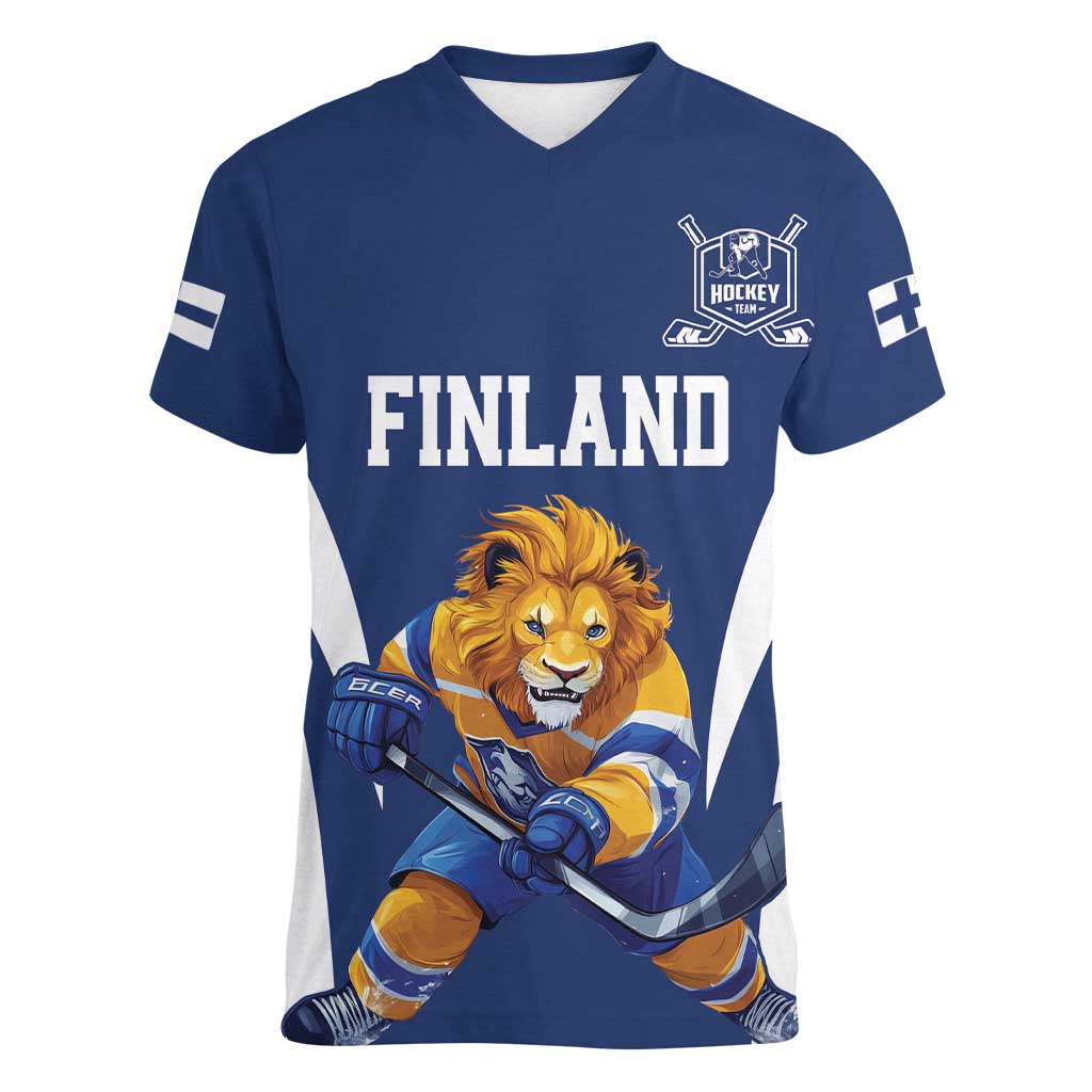 Custom Finland Hockey Women V-Neck T-Shirt Suomi Leijonat Mascot