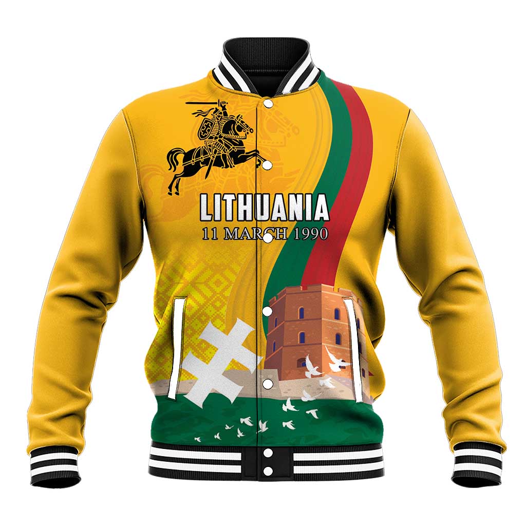 Personalized Lithuania Independence Restoration Day Baseball Jacket Gediminas Tower Flag Style