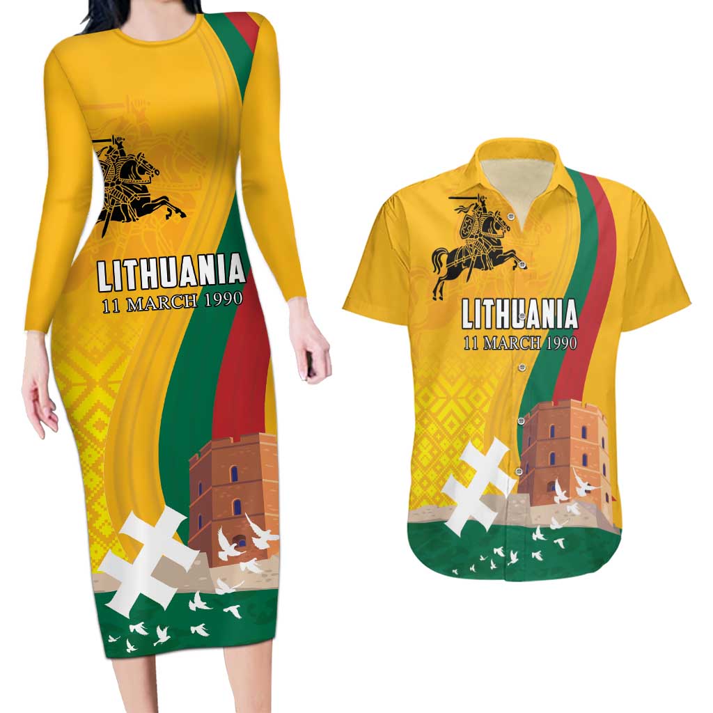 Personalized Lithuania Independence Restoration Day Couples Matching Long Sleeve Bodycon Dress and Hawaiian Shirt Gediminas Tower Flag Style