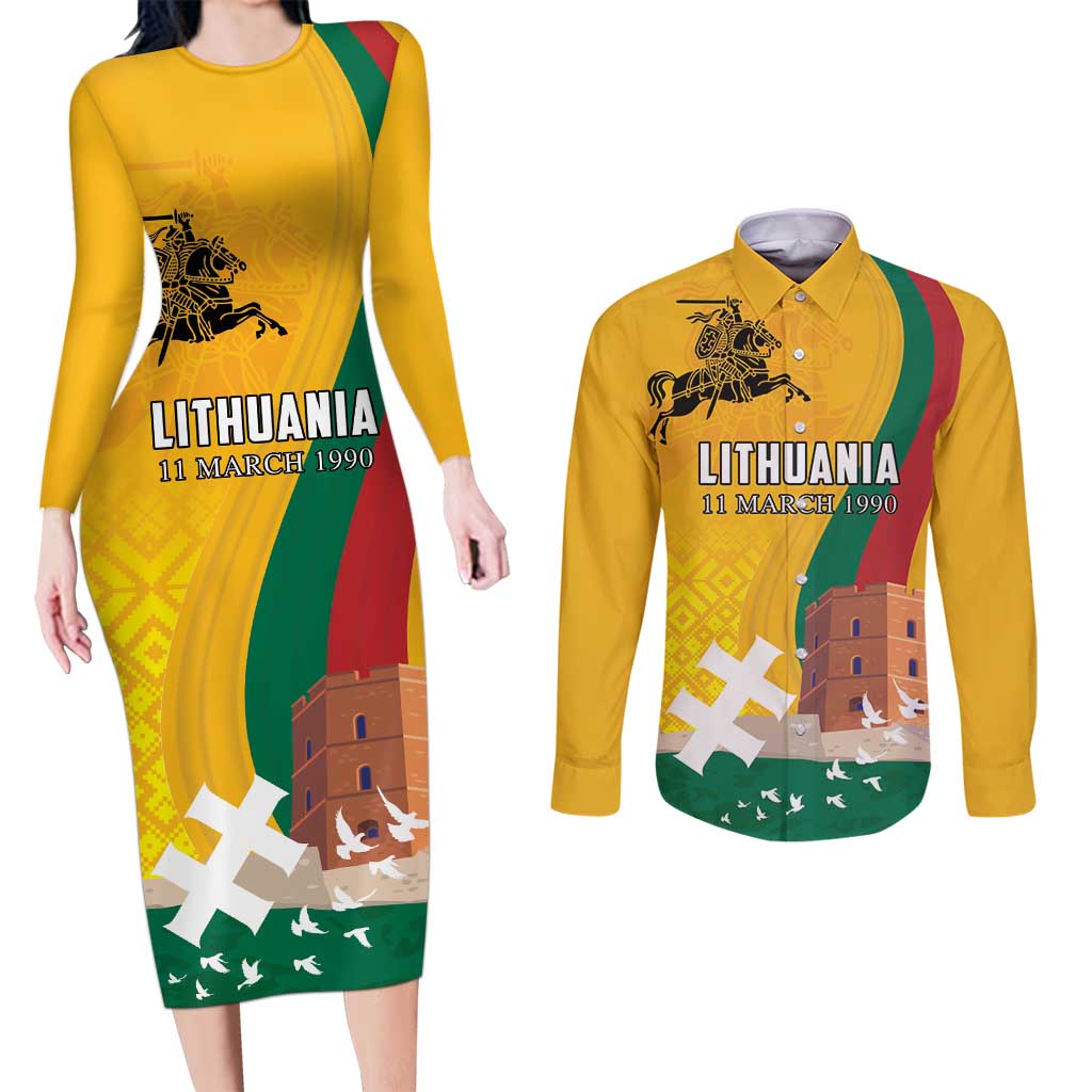 Personalized Lithuania Independence Restoration Day Couples Matching Long Sleeve Bodycon Dress and Long Sleeve Button Shirt Gediminas Tower Flag Style