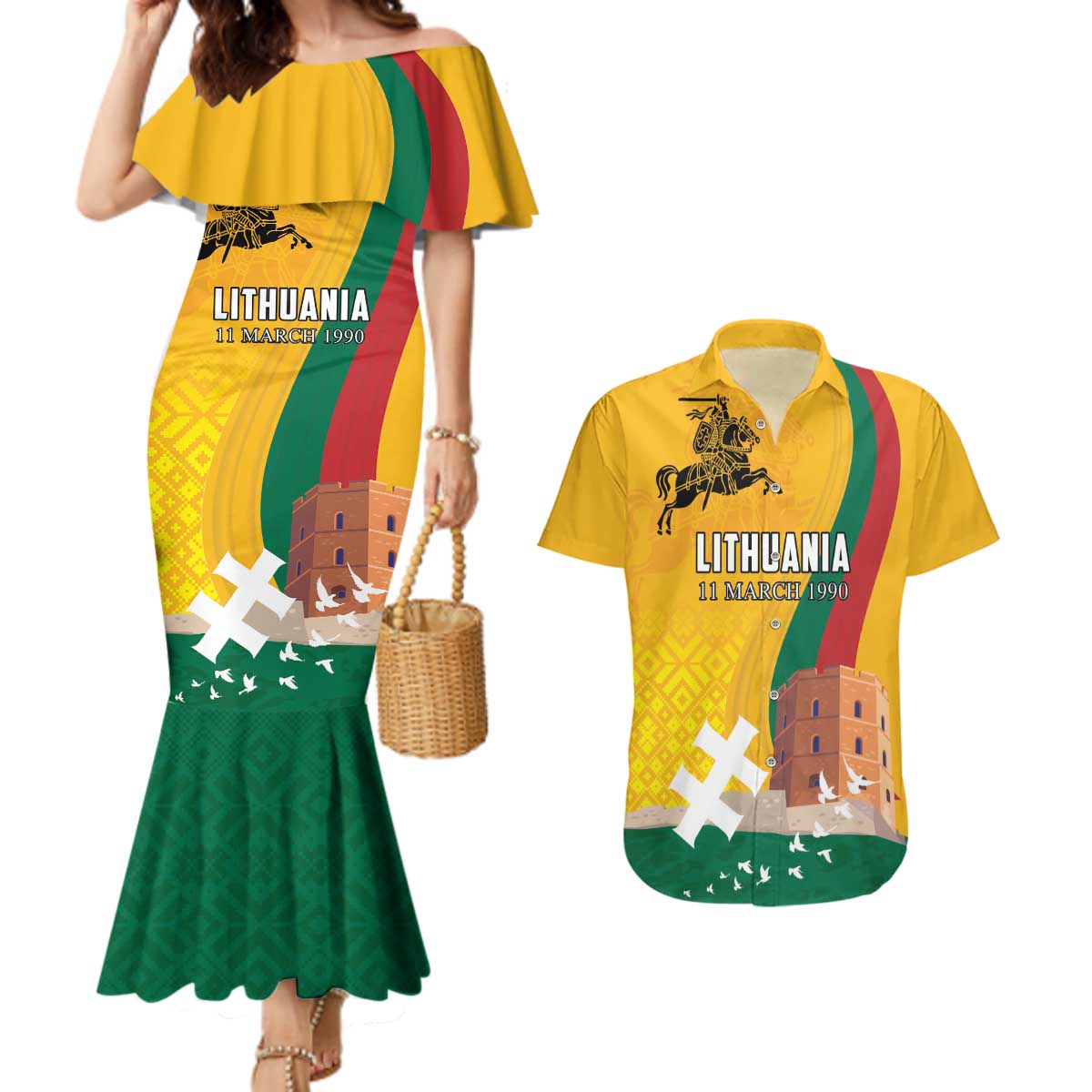 Personalized Lithuania Independence Restoration Day Couples Matching Mermaid Dress and Hawaiian Shirt Gediminas Tower Flag Style