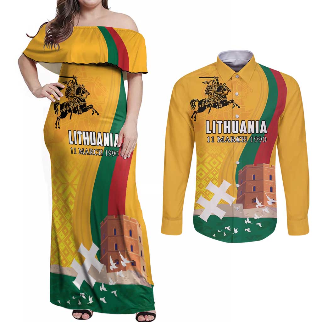 Personalized Lithuania Independence Restoration Day Couples Matching Off Shoulder Maxi Dress and Long Sleeve Button Shirt Gediminas Tower Flag Style