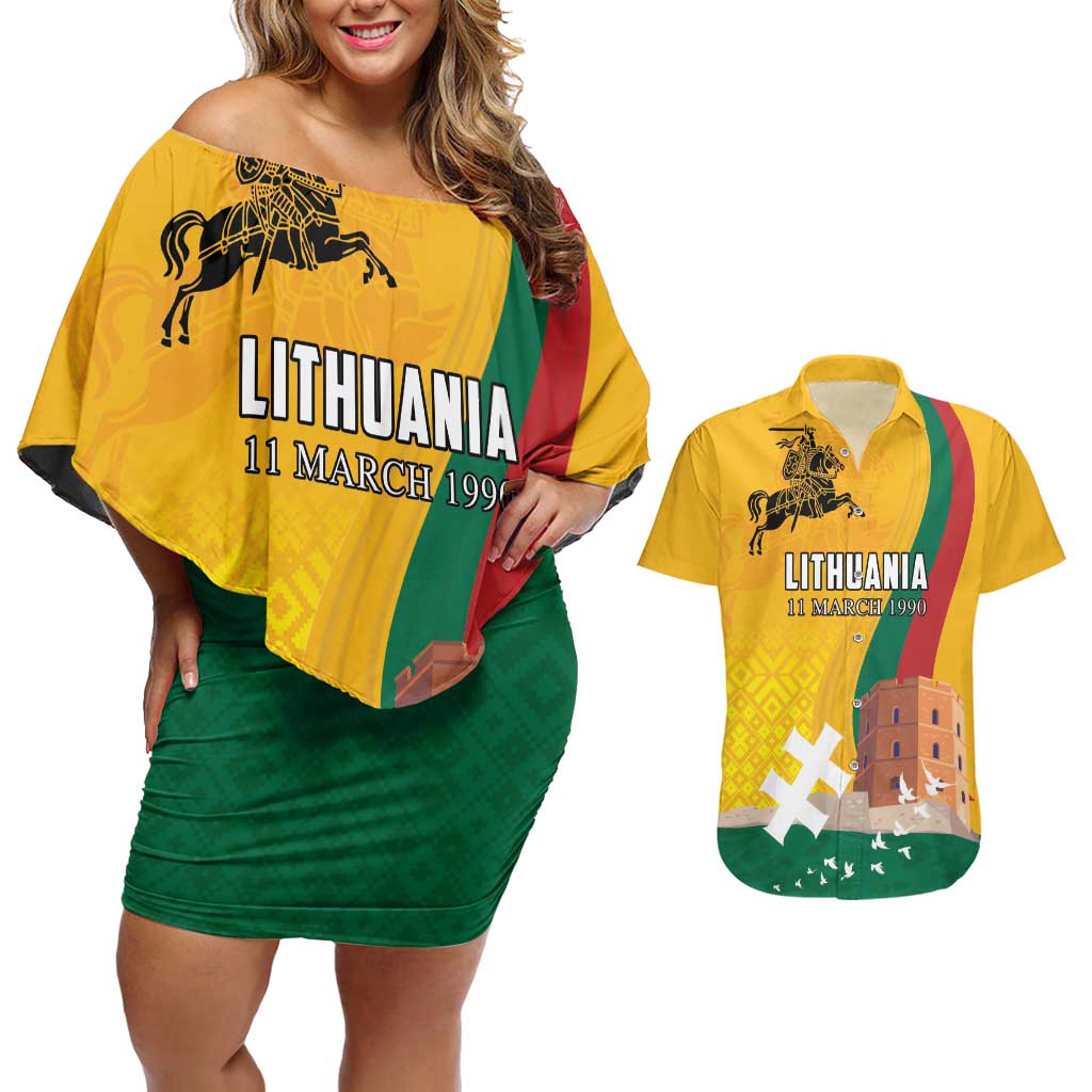 Personalized Lithuania Independence Restoration Day Couples Matching Off Shoulder Short Dress and Hawaiian Shirt Gediminas Tower Flag Style