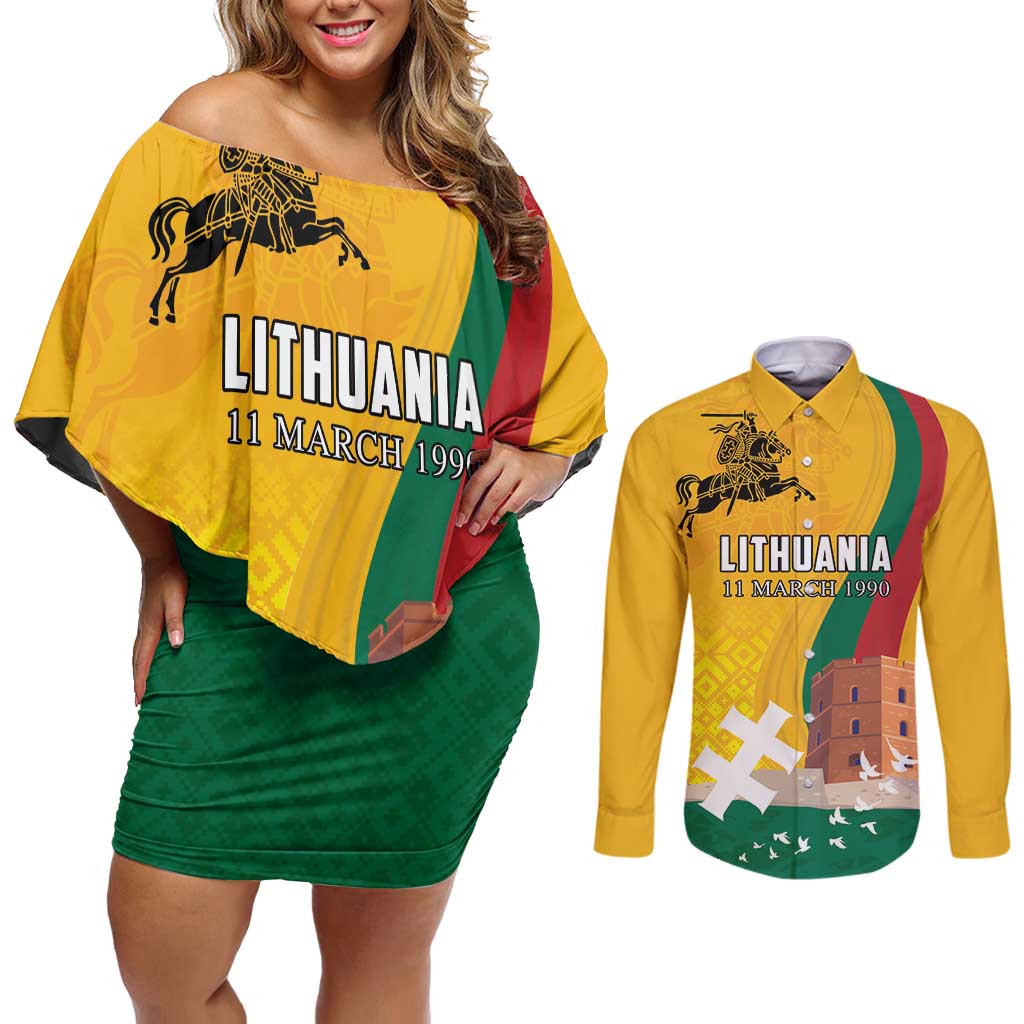 Personalized Lithuania Independence Restoration Day Couples Matching Off Shoulder Short Dress and Long Sleeve Button Shirt Gediminas Tower Flag Style