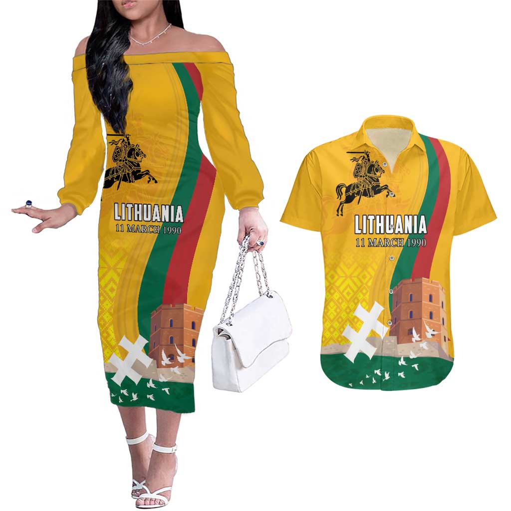 Personalized Lithuania Independence Restoration Day Couples Matching Off The Shoulder Long Sleeve Dress and Hawaiian Shirt Gediminas Tower Flag Style