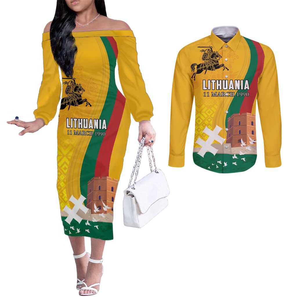 Personalized Lithuania Independence Restoration Day Couples Matching Off The Shoulder Long Sleeve Dress and Long Sleeve Button Shirt Gediminas Tower Flag Style