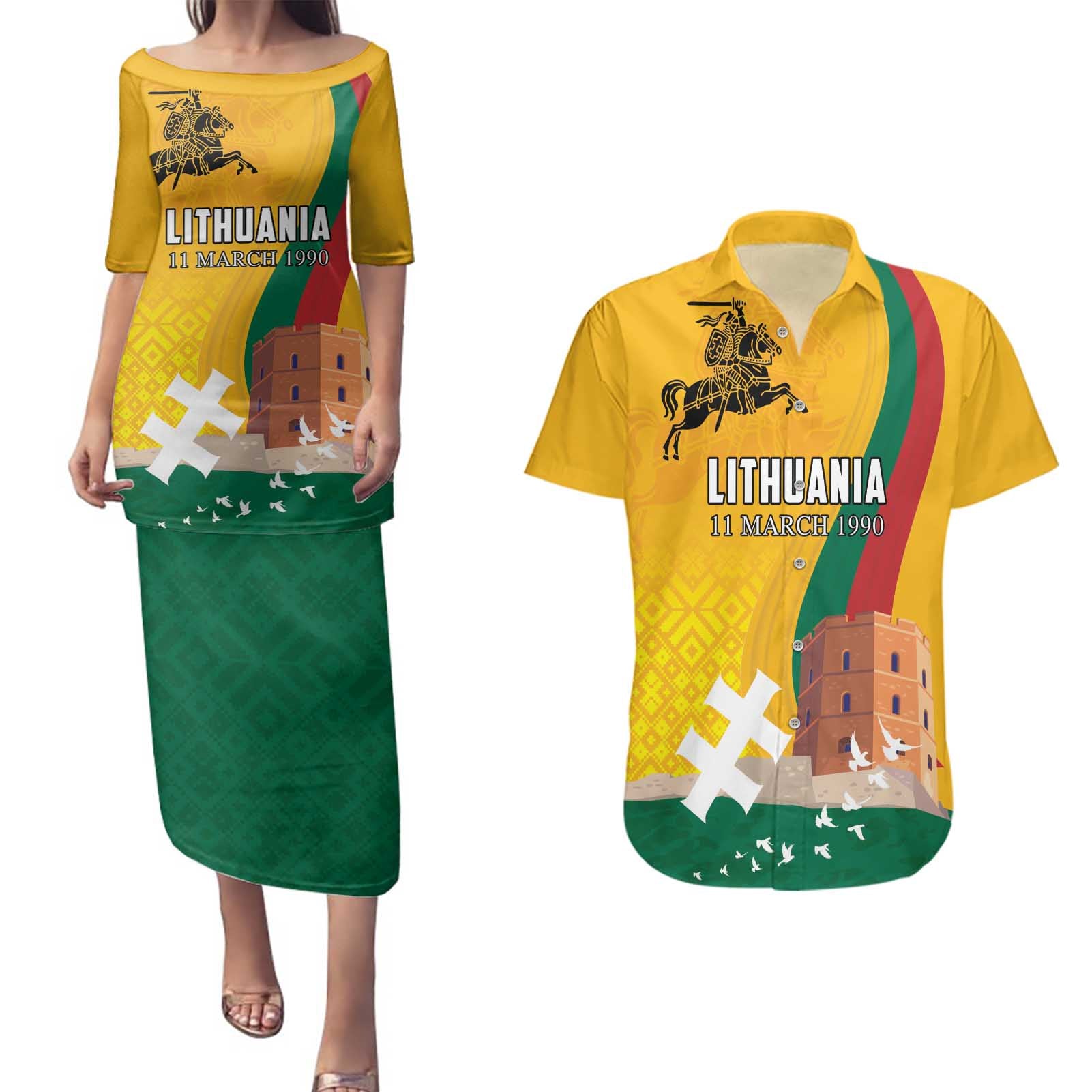 Personalized Lithuania Independence Restoration Day Couples Matching Puletasi and Hawaiian Shirt Gediminas Tower Flag Style