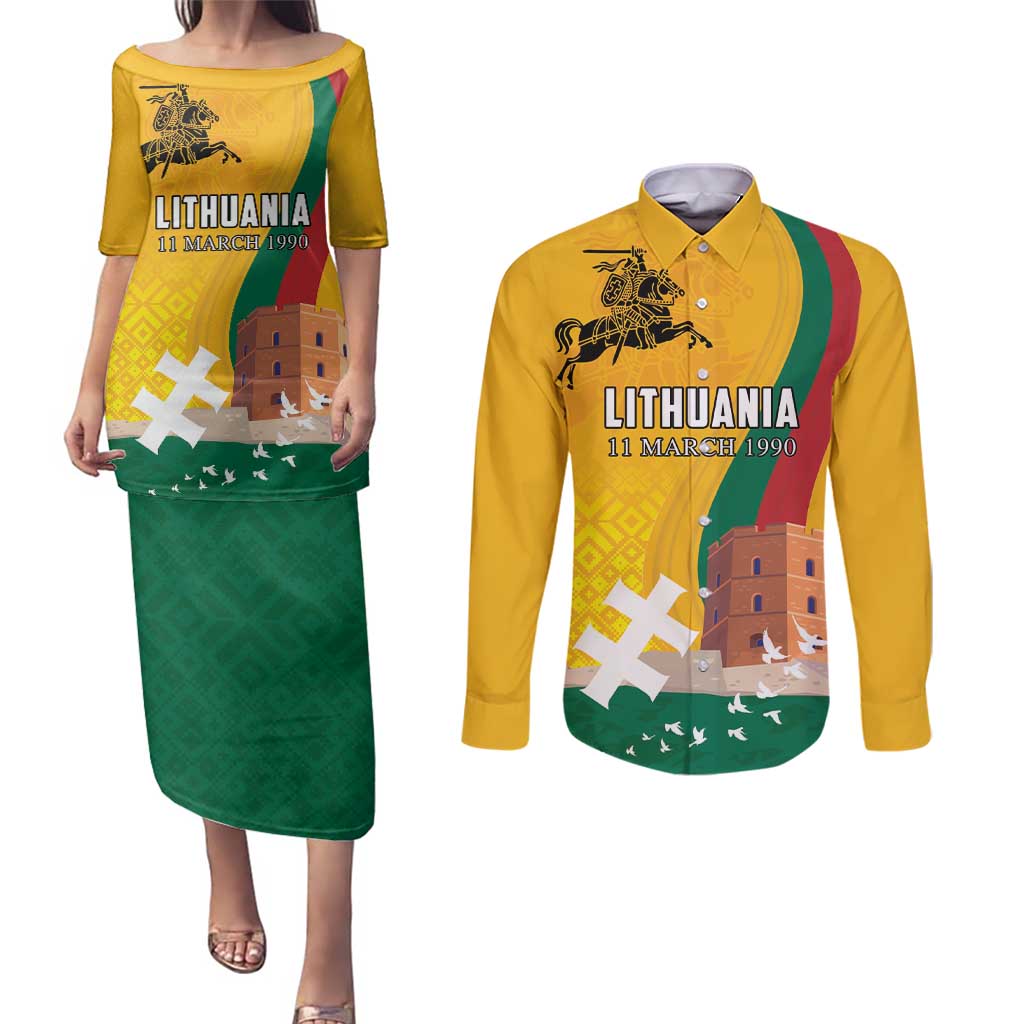 Personalized Lithuania Independence Restoration Day Couples Matching Puletasi and Long Sleeve Button Shirt Gediminas Tower Flag Style