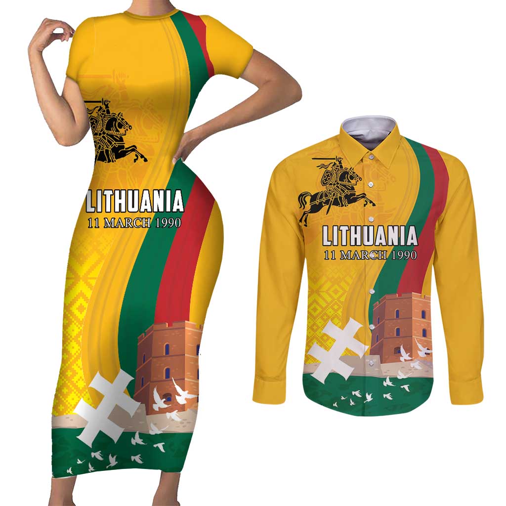 Personalized Lithuania Independence Restoration Day Couples Matching Short Sleeve Bodycon Dress and Long Sleeve Button Shirt Gediminas Tower Flag Style