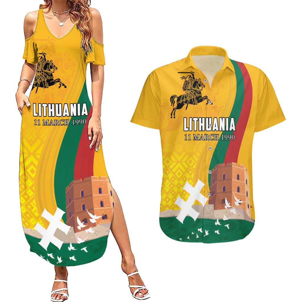 Personalized Lithuania Independence Restoration Day Couples Matching Summer Maxi Dress and Hawaiian Shirt Gediminas Tower Flag Style