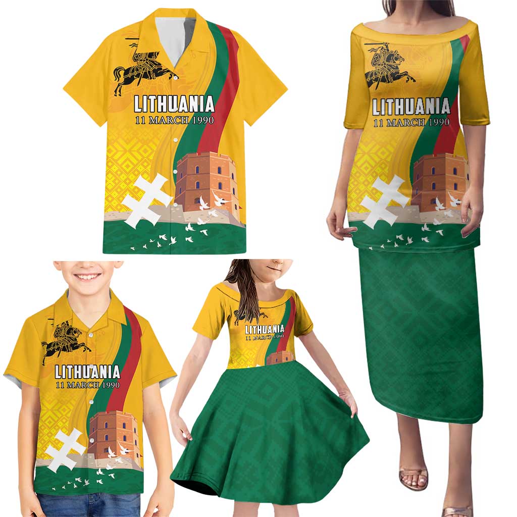 Personalized Lithuania Independence Restoration Day Family Matching Puletasi and Hawaiian Shirt Gediminas Tower Flag Style