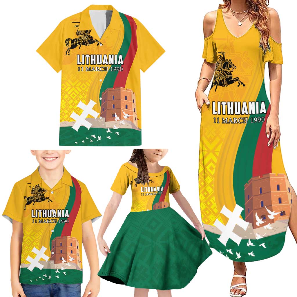 Personalized Lithuania Independence Restoration Day Family Matching Summer Maxi Dress and Hawaiian Shirt Gediminas Tower Flag Style