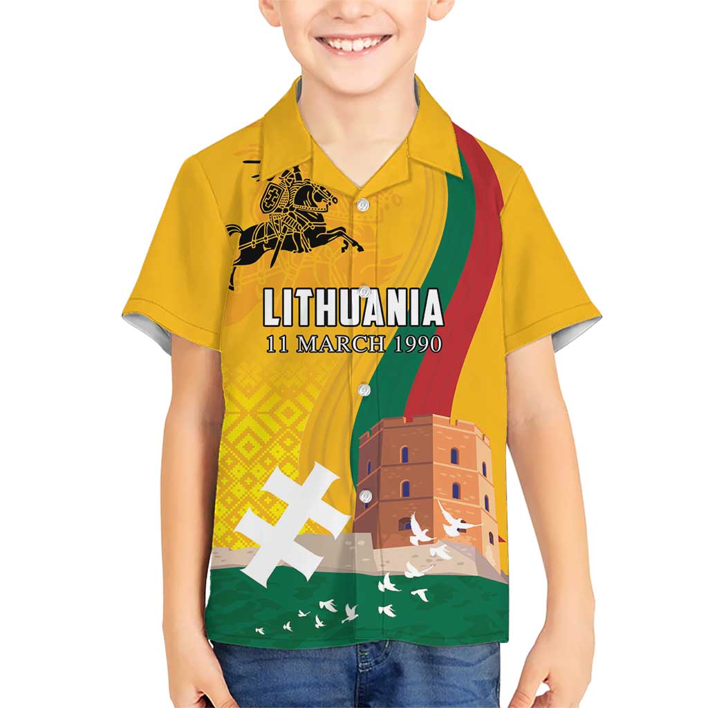 Personalized Lithuania Independence Restoration Day Kid Hawaiian Shirt Gediminas Tower Flag Style