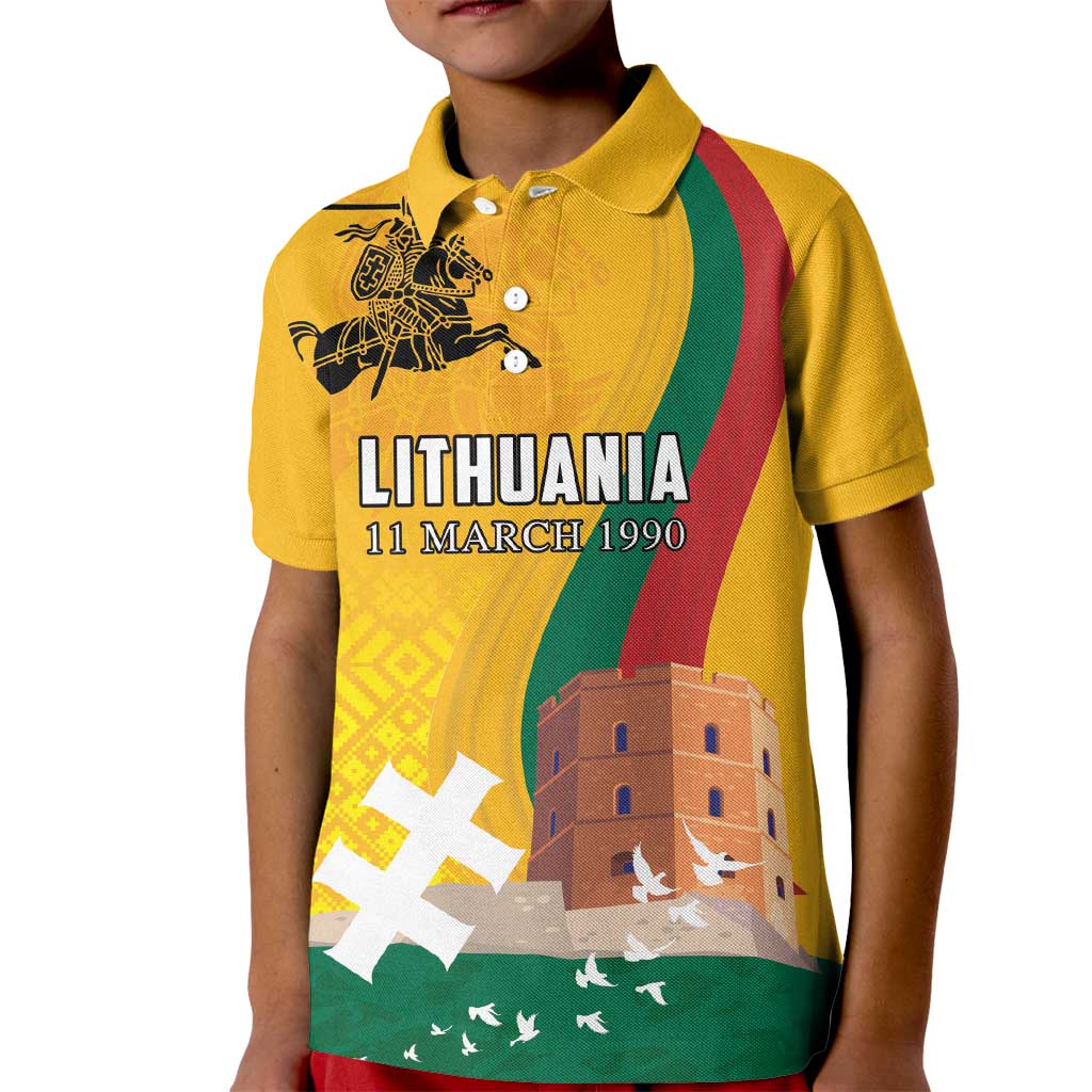 Personalized Lithuania Independence Restoration Day Kid Polo Shirt Gediminas Tower Flag Style