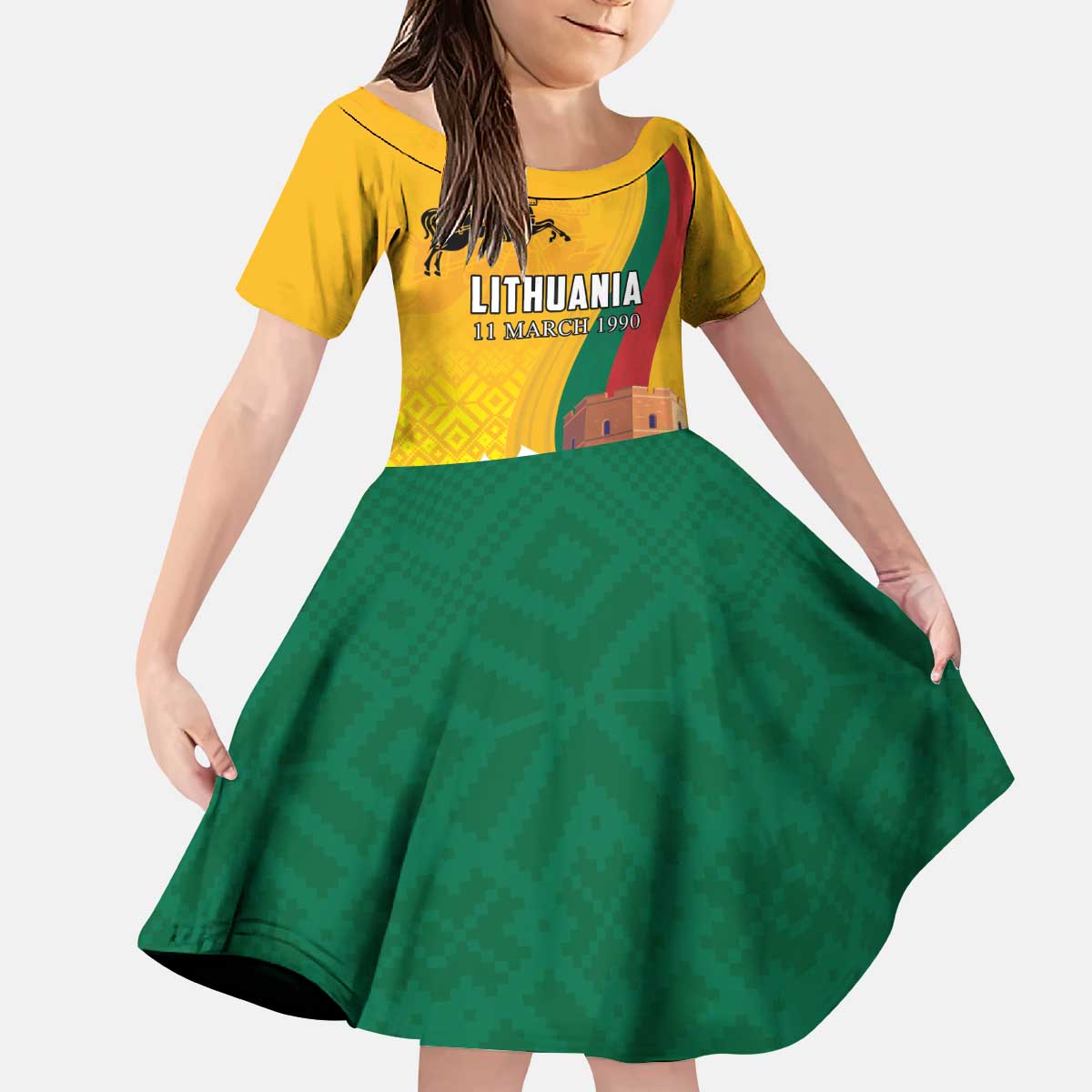 Personalized Lithuania Independence Restoration Day Kid Short Sleeve Dress Gediminas Tower Flag Style